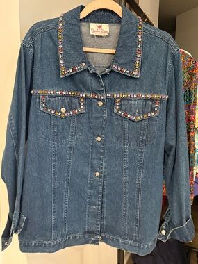 Quacker Factory Denim Jacket with Pink and Orange Logo